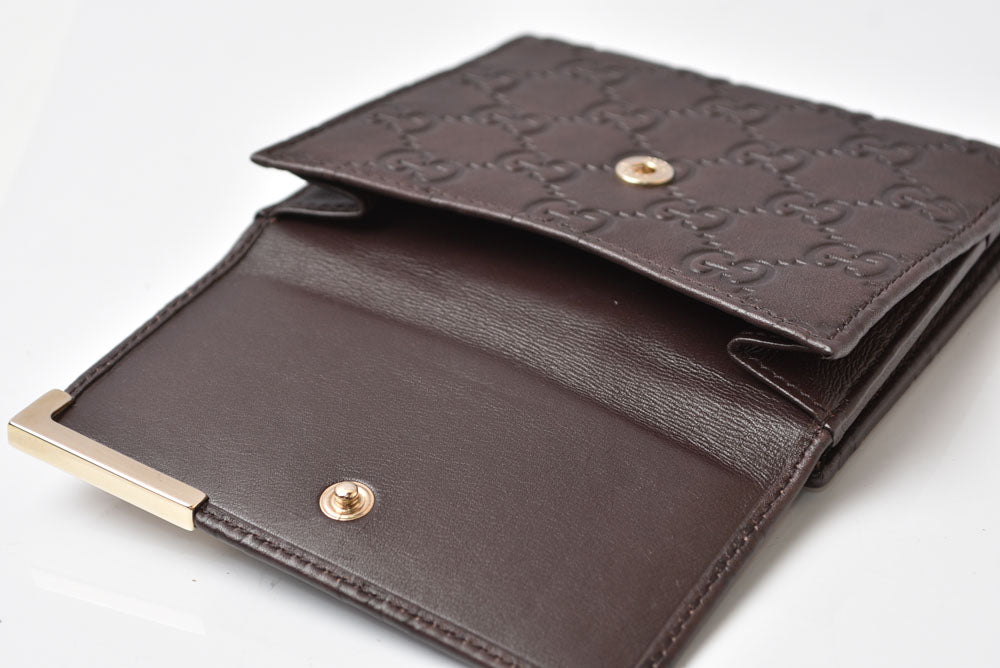 グッチ 二つ折り財布/Wホック財布 GUCCI グッチシマ 257015 レザー ダークブラウン/ゴールド メンズ レディース【中古】