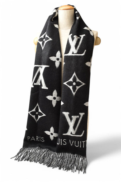 ルイヴィトン マフラー/ウインタースカーフ/ストール LOUIS VUITTON　エシャルプ レイキャビック カシミヤ M71040 ブラック/グレーフリンジ 【中古】