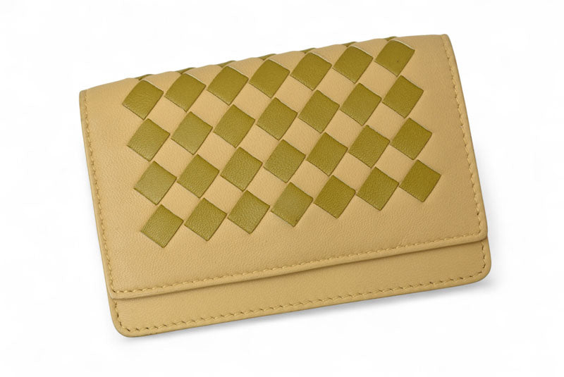 ボッテガヴェネタ　カードケース/コインケース BOTTEGA VENETA イントレチャート レザー ベージュ/カーキマルチ 133945【中古】