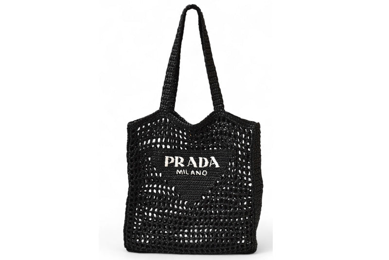 プラダ トートバッグ PRADA バッグ ロゴ ラフィア カゴ ブラック/ホワイト 1BG393【中古】