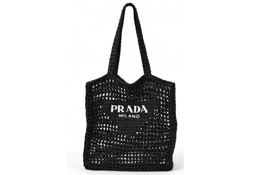 プラダ トートバッグ PRADA バッグ ロゴ ラフィア カゴ ブラック/ホワイト 1BG393【中古】