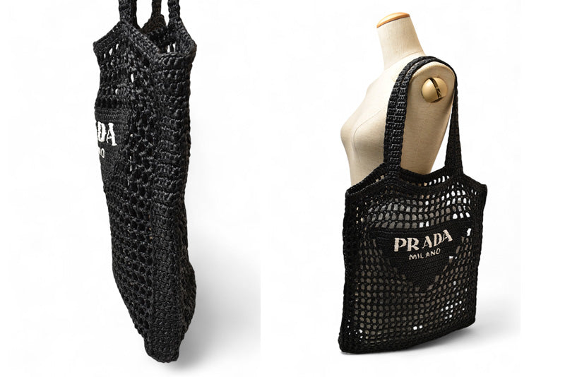 プラダ トートバッグ PRADA バッグ ロゴ ラフィア カゴ ブラック/ホワイト 1BG393【中古】