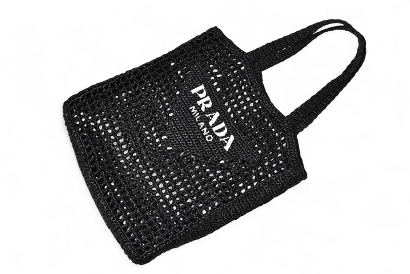 プラダ トートバッグ PRADA バッグ ロゴ ラフィア カゴ ブラック/ホワイト 1BG393【中古】