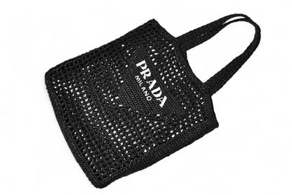 プラダ トートバッグ PRADA バッグ ロゴ ラフィア カゴ ブラック/ホワイト 1BG393【中古】