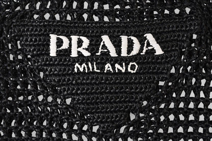 プラダ トートバッグ PRADA バッグ ロゴ ラフィア カゴ ブラック/ホワイト 1BG393【中古】