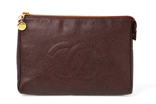 シャネル ポーチ CHANEL コスメポーチ ヴィンテージ ココマーク キャビアスキン ボルドー【中古】
