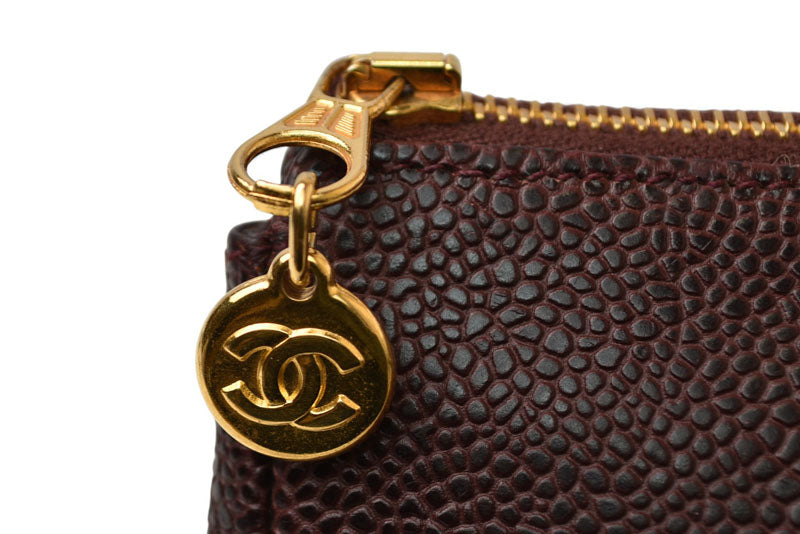シャネル ポーチ CHANEL コスメポーチ ヴィンテージ ココマーク キャビアスキン ボルドー【中古】