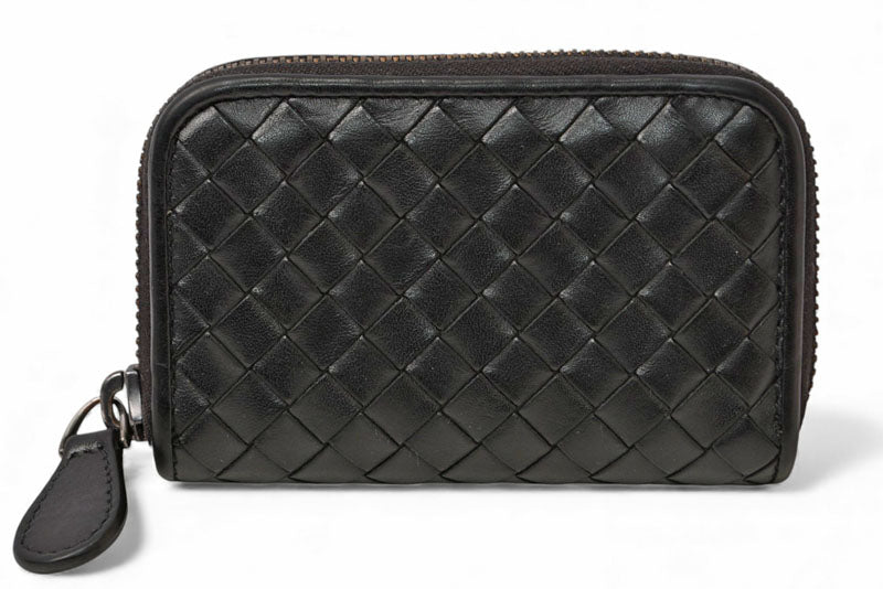 ボッテガヴェネタ カードケース/コインケース BOTTEGA VENETA ミニ財布 イントレチャート レザー ブラック 114075【中古】