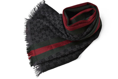 グッチ マフラー GUCCI ウインタースカーフ ウール/シルク グッチ GG柄 ウェビングライン ストール 147351 グレー/ブラック 【中古】