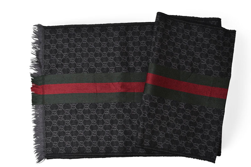 グッチ マフラー GUCCI ウインタースカーフ ウール/シルク グッチ GG柄 ウェビングライン ストール 147351 グレー/ブラック 【中古】