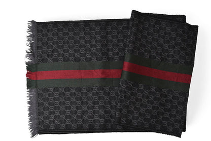 グッチ マフラー GUCCI ウインタースカーフ ウール/シルク グッチ GG柄 ウェビングライン ストール 147351 グレー/ブラック 【中古】