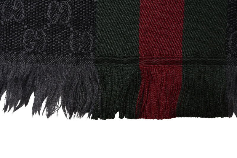 グッチ マフラー GUCCI ウインタースカーフ ウール/シルク グッチ GG柄 ウェビングライン ストール 147351 グレー/ブラック 【中古】