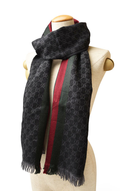 グッチ マフラー GUCCI ウインタースカーフ ウール/シルク グッチ GG柄 ウェビングライン ストール 147351 グレー/ブラック 【中古】