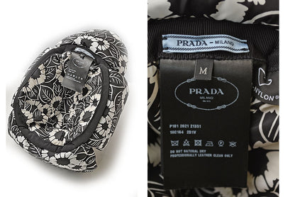 プラダ 帽子/キャップ/バケットハット PRADA 1HC164 中綿入り イヤーカバー付 トライアングルロゴ ブラック／フローラ 58cm【中古】