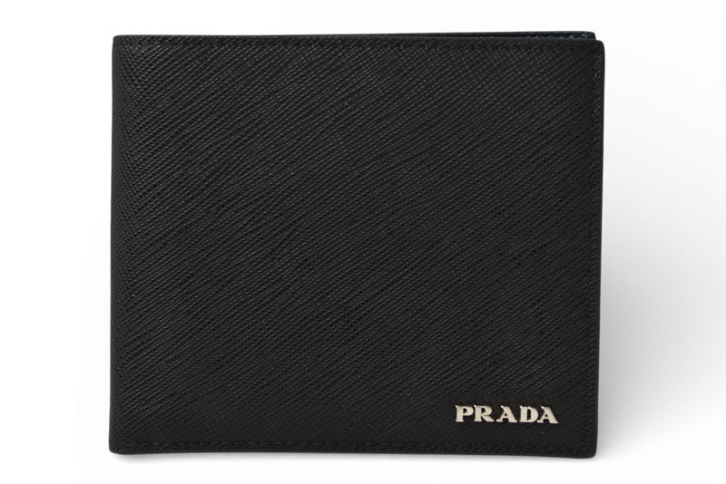 プラダ 財布 二つ折り アウトレット メンズ PRADA 折財布 SAFFIANO/レザー ブラック/ダークネイビー 2M0738【中古】