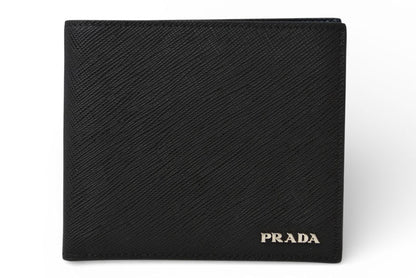 プラダ 財布 二つ折り アウトレット メンズ PRADA 折財布 SAFFIANO/レザー ブラック/ダークネイビー 2M0738【中古】