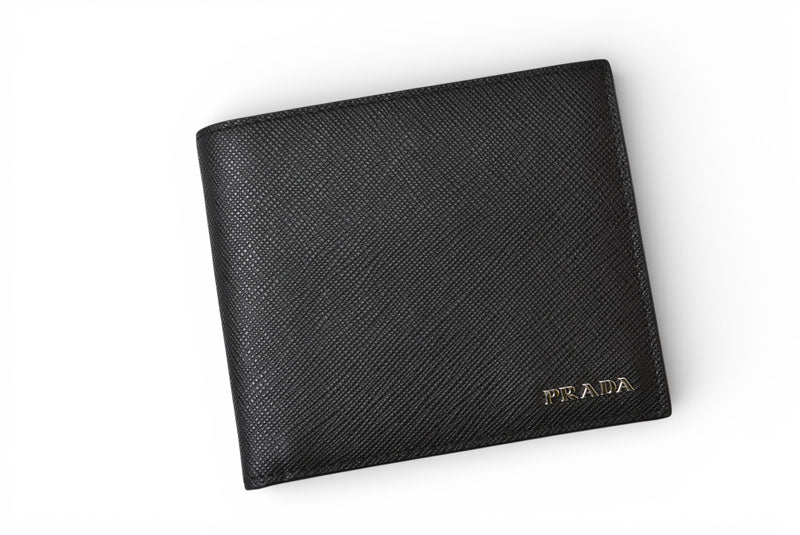 プラダ 財布 二つ折り アウトレット メンズ PRADA 折財布 SAFFIANO/レザー ブラック/ダークネイビー 2M0738【中古】