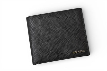 プラダ 財布 二つ折り アウトレット メンズ PRADA 折財布 SAFFIANO/レザー ブラック/ダークネイビー 2M0738【中古】