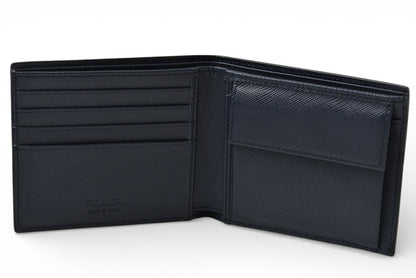 プラダ 財布 二つ折り アウトレット メンズ PRADA 折財布 SAFFIANO/レザー ブラック/ダークネイビー 2M0738【中古】
