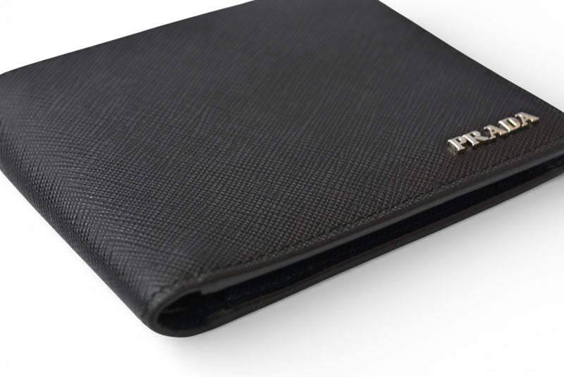 プラダ 財布 二つ折り アウトレット メンズ PRADA 折財布 SAFFIANO/レザー ブラック/ダークネイビー 2M0738【中古】