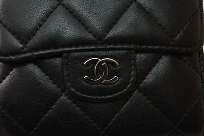 シャネル 財布 CHANEL 三つ折り財布 マトラッセ ラムスキン ブラック/シルバー金具【中古】