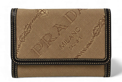 プラダ 財布 三つ折り PRADA 折財布 1M0510 LOGO ジャガード/レザー ベージュ/ブラック【中古】