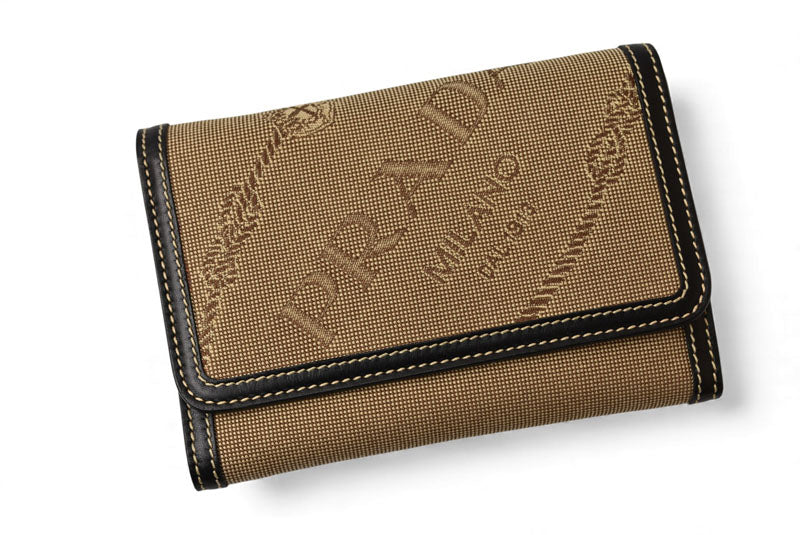 プラダ 財布 三つ折り PRADA 折財布 1M0510 LOGO ジャガード/レザー ベージュ/ブラック【中古】