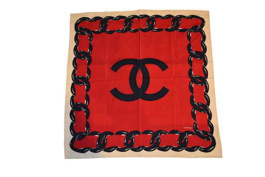 シャネル スカーフ/ストール CHANEL ヴィンテージ ココマーク/COCO/チェーン柄 シルク ホワイト/レッド/ネイビー【中古】