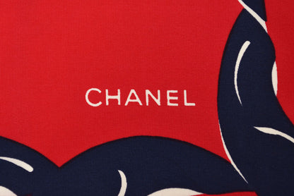 シャネル スカーフ/ストール CHANEL ヴィンテージ ココマーク/COCO/チェーン柄 シルク ホワイト/レッド/ネイビー【中古】