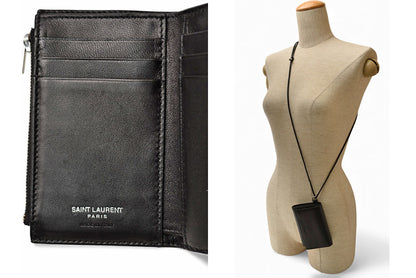 サンローラン 財布/三つ折 YSL SAINT LAURENT スムースレザー ネックストラップ ブラック 820355【中古】