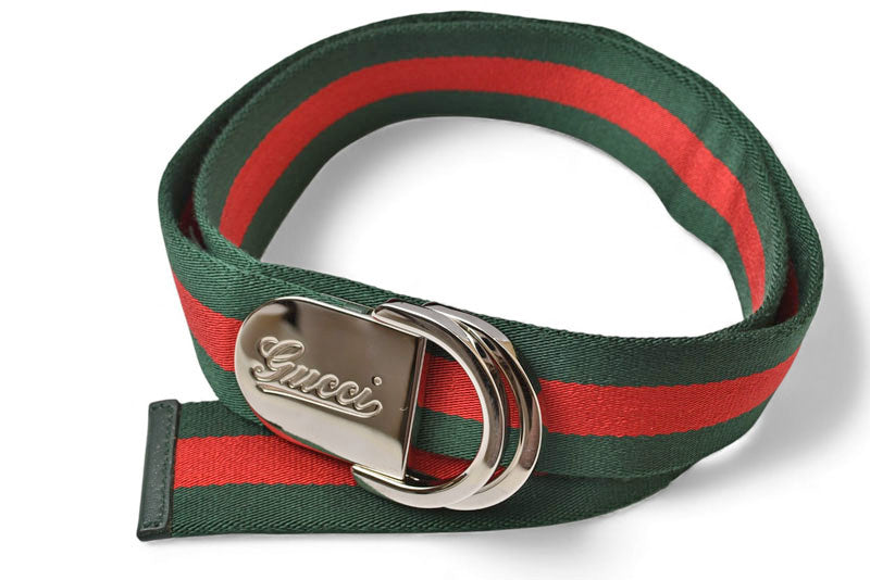 グッチ ベルト サイズ85 メンズ/レディース GUCCI シェリーライン グリーン/レッド シルバー金具 189812 Dリングバックル【中古】