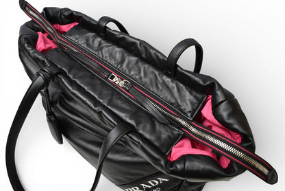 プラダ トートバッグ PRADA ロゴ レザー ブラック/ピンク 1BG223 レディース 【中古】