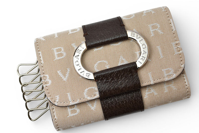 ブルガリ キーケース/キーホルダー BVLGARI ロゴマニア ベージュ/シルバー金具 メンズ/レディース【中古】