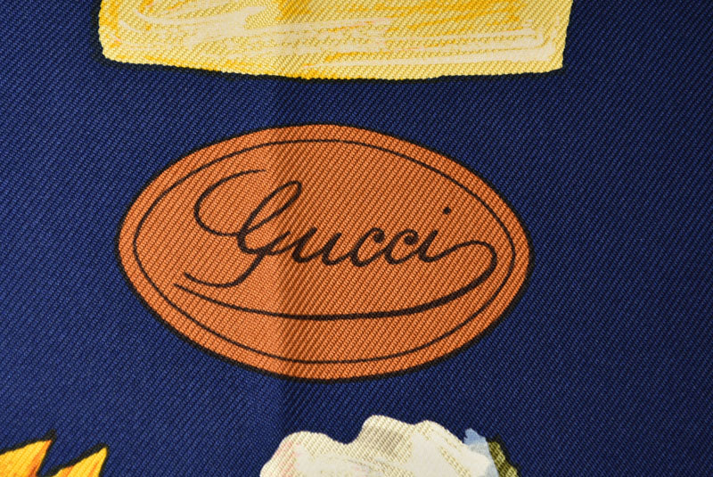 グッチ スカーフ GUCCI ヴィンテージ 大判スカーフ フワラーモチーフ ネイビーマルチ【中古】