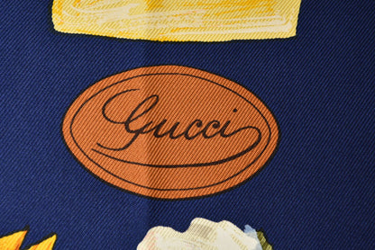 グッチ スカーフ GUCCI ヴィンテージ 大判スカーフ フワラーモチーフ ネイビーマルチ【中古】
