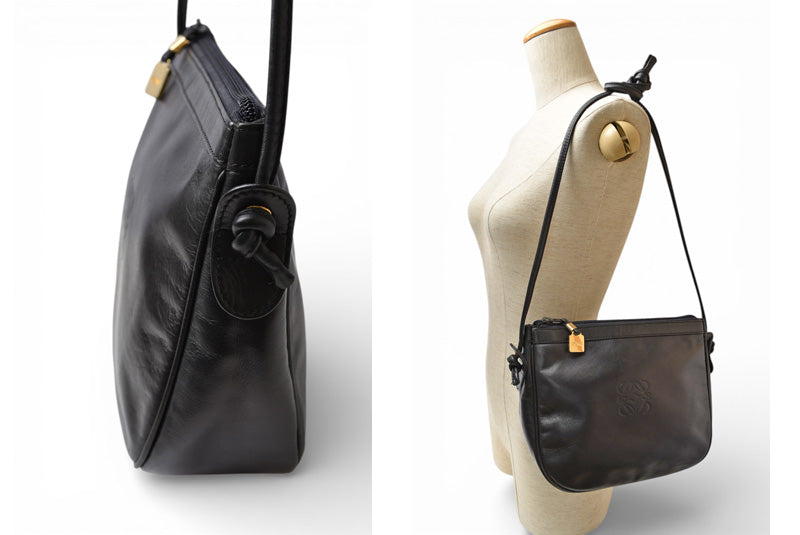 ロエベ ショルダーバッグ ヴィンテージ LOEWE アナグラム バッグ レザーブラック【中古】