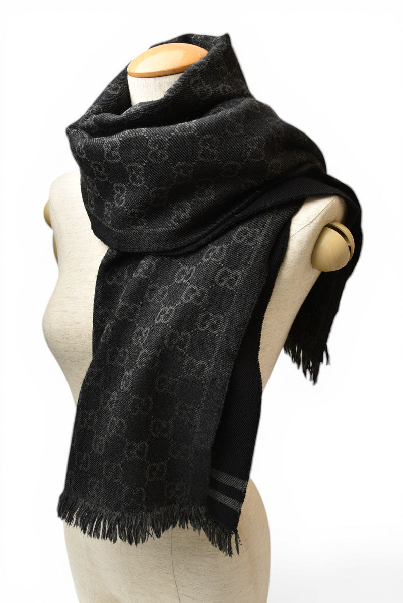 グッチ マフラー GUCCI メンズ ウインタースカーフ ウール100% GG柄/ブラック 544619【中古】
