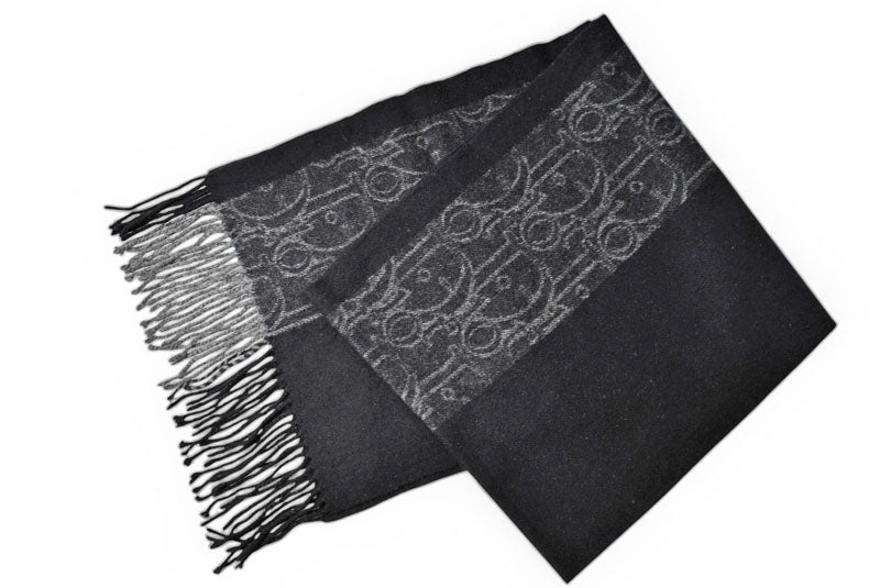 クリスチャンディオール マフラー Christian Dior ウインタースカーフ ウール/カシミヤ ロゴ/トロッター ブラック/グレー【中古】