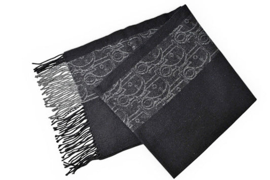 クリスチャンディオール マフラー Christian Dior ウインタースカーフ ウール/カシミヤ ロゴ/トロッター ブラック/グレー【中古】