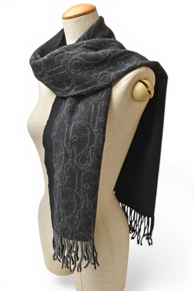 クリスチャンディオール マフラー Christian Dior ウインタースカーフ ウール/カシミヤ ロゴ/トロッター ブラック/グレー【中古】