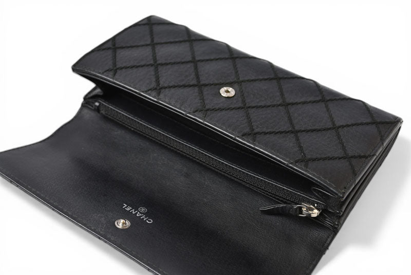シャネル 財布 二つ折り CHANEL 長財布 ワイルドステッチ ブラック【中古】