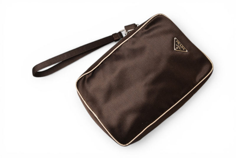 プラダ ポーチ/ハンドバッグ PRADA 小物入れ サテン ヴィンテージ ダークブラウン ハンドストラップ メンズ/レディース【中古】