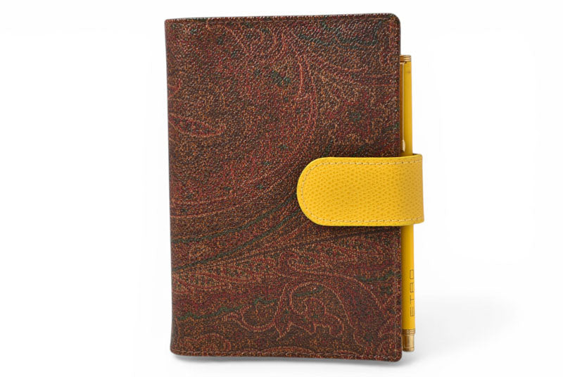 エトロ システム手帳 カバー 純正ボールペン付 ETRO ペイズリー柄 ブラウン イエロー 黄色 6穴式 アジェンダ レザー PVC ヴィンテージ 希少 レア 【中古】