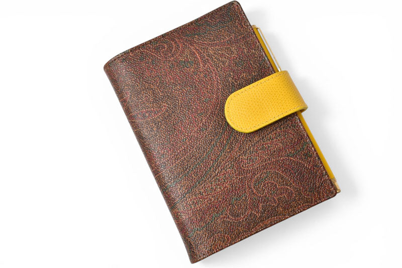 エトロ システム手帳 カバー 純正ボールペン付 ETRO ペイズリー柄 ブラウン イエロー 黄色 6穴式 アジェンダ レザー PVC ヴィンテージ 希少 レア 【中古】