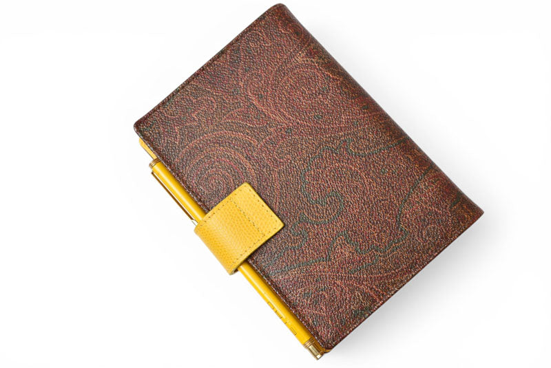 エトロ システム手帳 カバー 純正ボールペン付 ETRO ペイズリー柄 ブラウン イエロー 黄色 6穴式 アジェンダ レザー PVC ヴィンテージ 希少 レア 【中古】