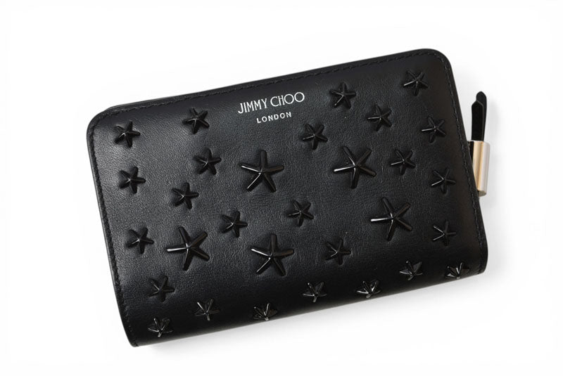 ジミーチュウ 財布 二つ折り JIMMY CHOO 財布 カーフレザー スタースタッズ ブラック【中古】