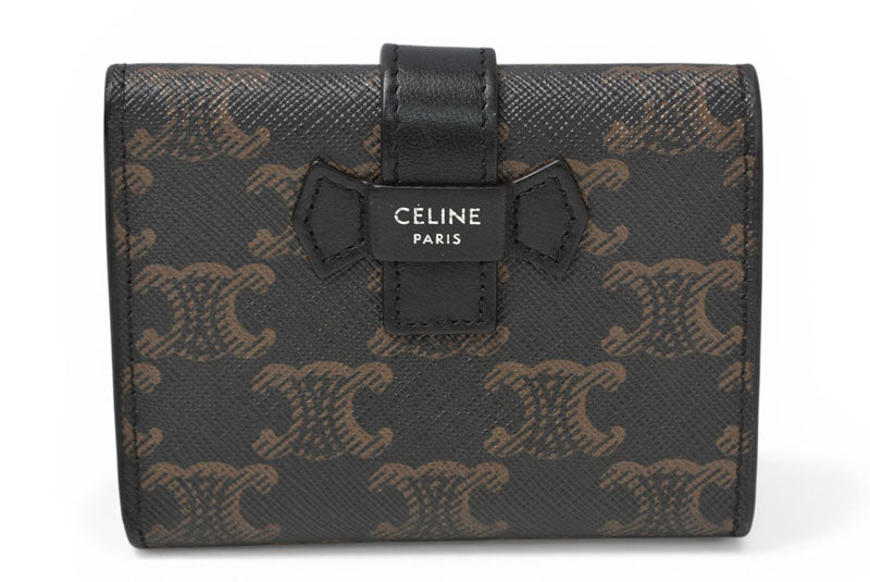 セリーヌ 財布/ミニ財布 CELINE 三つ折り財布 ファイン ストラップウォレット/トリオンフキャンバス ブラック/ブラウン【中古】