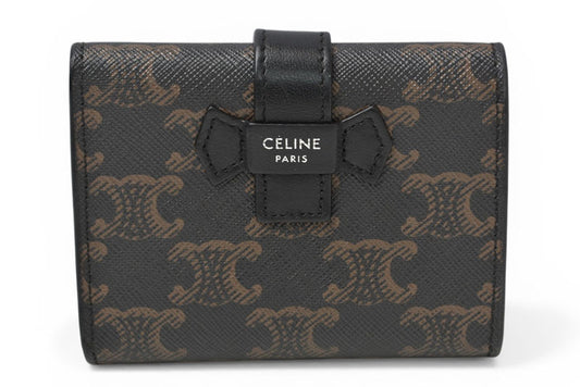 セリーヌ 財布/ミニ財布 CELINE 三つ折り財布 ファイン ストラップウォレット/トリオンフキャンバス ブラック/ブラウン【中古】