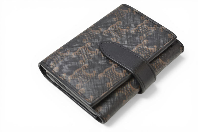 セリーヌ 財布/ミニ財布 CELINE 三つ折り財布 ファイン ストラップウォレット/トリオンフキャンバス ブラック/ブラウン【中古】