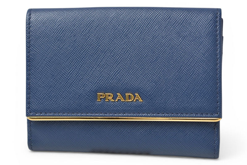 プラダ 財布/三つ折り PRADA 折財布 1M0523 SAFFIANO METAL/型押しレザー BLUETTE/ブルー【中古】